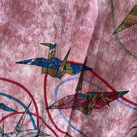 Citron 100% Silk Art to Wear Paper Crane Pink Top Blouse Modest Mature Small - Picture 4 of 7